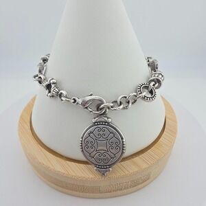 Vtg BRIGHTON Charm Bracelet Scrollwork Charm Bead Barrel‎ Links Silver Plate 7"